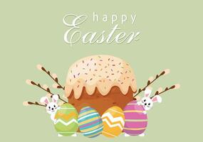 Easter background, Easter Cake postcard with Easter eggs and bunnies and willow branches. Vector Graphics