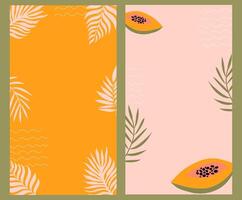 Colourful summer templates with copy space. Handdrawn vertical banners with palm leaves and papaya. vector