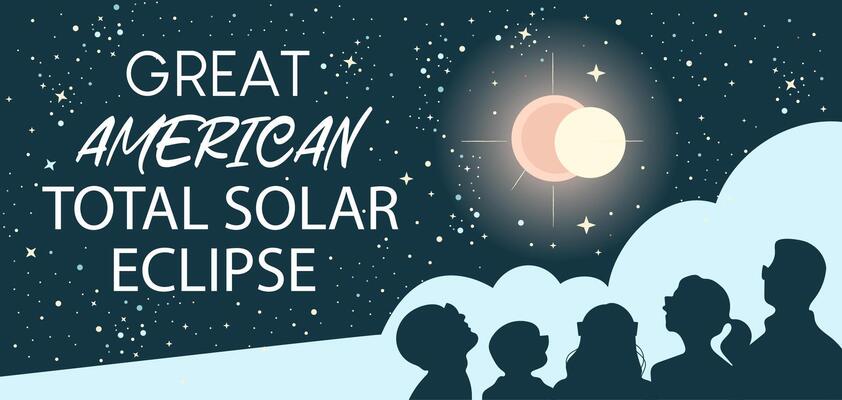 Great American total solar eclipse banner. People in glasses watching solar eclipse.