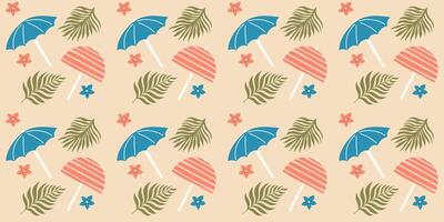 Handdrawn seamless pattern with beach umbrella and palm leaves. Vector design on beige background.