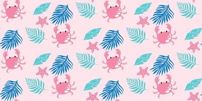Tropical pattern with crab, palm leaves and starfish on pink background. Vector seamless design.