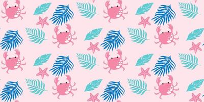 Tropical pattern with crab, palm leaves and starfish on pink background. Vector seamless design.