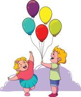 a drawing of a little girl and a boy with balloons vector