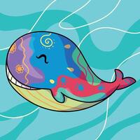 dibujos animados imagen de un ballena con un vistoso cara y contento modelo en el mar vector