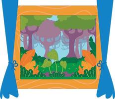 a large window with a beautiful forest view outside, vector illustration