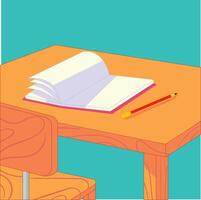 The book is open and blowing in the wind, next to it there is a pencil on a wooden table vector illustration