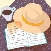 ilustración de un fedora sombrero metido en un mesa con libros y un taza de café alrededor eso vector