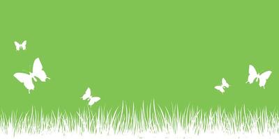 Green spring background with place for text. Vector illustration with grass and butterflies.