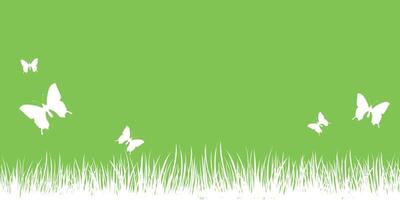 Green spring background with place for text. Vector illustration with grass and butterflies.