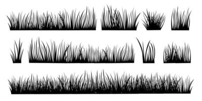 Collection of grass silhouettes for artwork compositions. Spring and summer herbal set isolated on white background. Vector illustration.