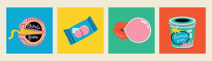 Bubble gum set. Set of four isolated Hand drawn modern vector illustrations.Various gum package set candies in roll, balls, pillows, sticks. Lips with pop ballon.