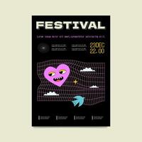 Psychedelic festival poster with crazy smiling heart and mesh background. Minimalistic rave flyer, print. vector