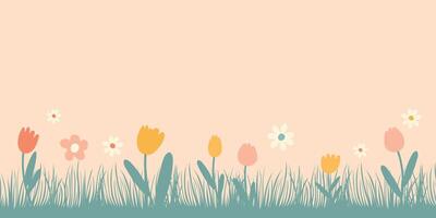 Spring background with place for text. Vector illustration with grass and flowers.