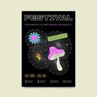 Psychedelic poster with smiling mushrooms and daisies and lined background. The artistic design of the acid festival. vector