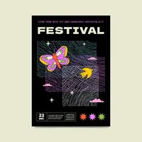 Surreal black poster with colourful butterfly, bird, clouds and textural mess background. Fetsival artwork, vector flyer.