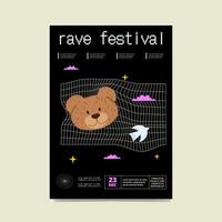 A colourful rave festival poster with teddy face, clouds and mesh background. Abstract black flyer. vector