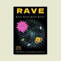 Minimalistic rave poster with groovy sun, smiling planet, and lined background. Acid psychedelic flyer. vector