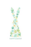 Happy Easter banner, poster, greeting card. Trendy Easter design with typography, bunnies, flowers, eggs. Modern minimalist style vector