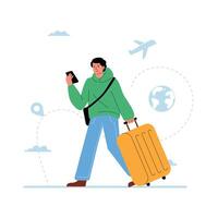 A man walking with a suitcase and holding a phone in his hands at the airport, the concept of digital nomads, a single traveler. vector