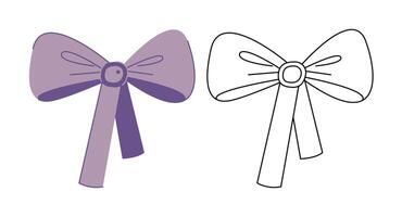 Two doodle hair bows with circle. Colored, black and white vector illustration.