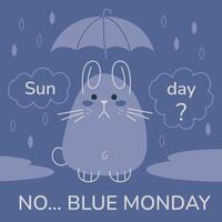 Sad cute rabbit with umbrella on Blue Monday. Flat color vector illustration. Could be a template for an Instagram post.