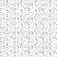 Seamless pattern with funny Easter bunnies, Easter eggs and bells. Doodle vector illustration.