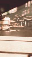 View to classroom with tables and small blackboard and grungy walls video