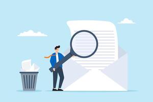 Businessman holds magnifying glass to scan emails and throw junk mail into bin, illustrating email security, and data protection. Concept of maintaining online communication technology safely vector