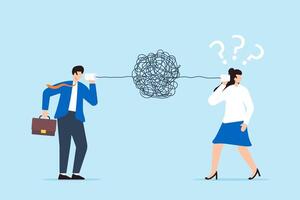 Businessman struggles with bad communication as he talks through messy, tangled phone line, causing confusion others. Concept misunderstandings, unclear messages, and miscommunicate information vector