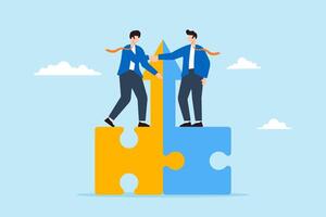 Two businessmen shaking hands on connected growth arrow puzzle pieces, illustrating joint venture or business partnership. Concept of share resources and work together to common goal through mergers vector