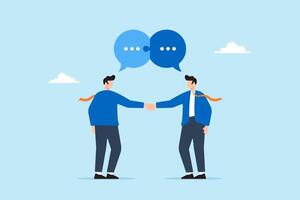 Two businessmen shaking hands with speech bubble jigsaw connected, illustrating successful communication, discussions. Concept of interviews leading to business agreements, or partnership deals vector