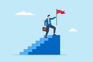 Successful businessman confidently holds red flag atop staircase, illustrating steps to success. Concept of journey towards achievement, and progress in career or business improvement vector