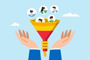 Businessman hand holds marketing funnel, illustrating process of lead generation and converting potential customers into sales. Concept of attracting prospects, and converting into paying customers vector