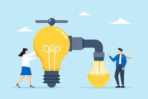 Businesspeople sharing knowledge transfer ideas, passing information to new light bulb. Concept of transferring wisdom to colleagues, creativity, innovation, and continuous learning of new skills vector