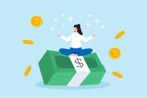 mujer relajante y meditando en pila de dinero billetes mientras monedas lluvia abajo. concepto de financiero bienestar, eficaz dinero gestión, ahorros, inversión, y acumulando riqueza vector