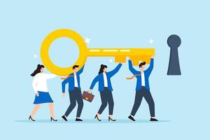 Business team collaborates to carry big key towards keyhole, illustrating teamwork achievement and key to success. Concept of working together to solve problems, career opportunities, unlock secrets vector