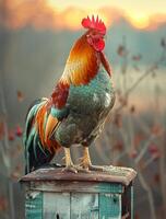 AI generated Rooster sitting on wooden box in the yard photo