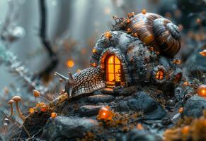 AI generated Snail and snail house in the forest photo