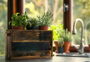 AI generated Fresh herbs and kitchen herbs on wooden kitchen cabinet photo