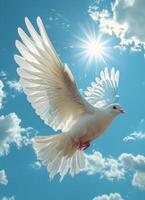 AI generated Dove in the air with wings wide open in-front of the sun photo