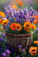 ai generado hermosa flores en cesta. lavanda es crecido en un mimbre cesta en un campo con otro flores foto