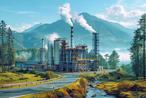 AI generated Oil refinery in the mountains. Ecology concept. photo