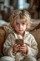 ai generado pequeño niña es sentado en el sofá y jugando con teléfono inteligente a hogar foto