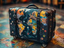 AI generated Suitcase on world map. A black suitcase with travel stickers from various countries photo