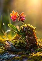 AI generated Orchid in shoe. A photo of an orchid growing out from the top of moss covered shoe