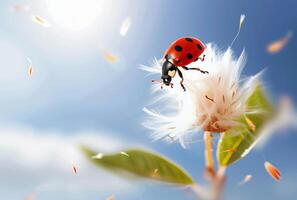 ai generado mariquita alpinismo en flor. un mariquita es volador en el viento foto