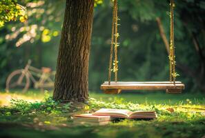 ai generado balancearse. abierto libro con rojo cinta y de madera columpio en el parque foto