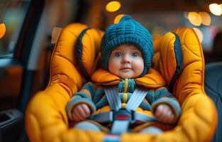 AI generated Adorable little boy sitting in the car seat photo