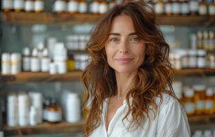 ai generado sonriente joven mujer en pie en natural productos cosméticos Tienda foto