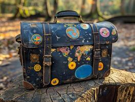 AI generated Old suitcase with stickers on the trunk in the forest photo